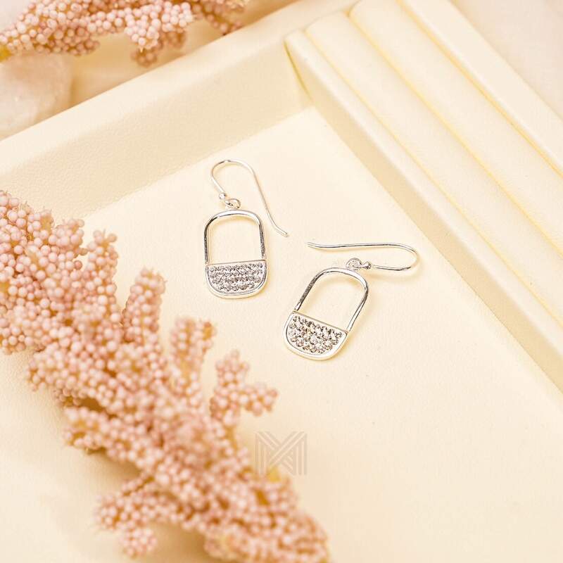 MILLENNE Millennia 2000 Half Elongated Oval Studded Cubic Zirconia White Gold Hook Earrings with 925 Sterling Silver