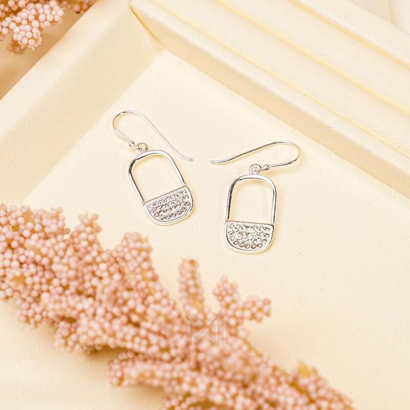 MILLENNE Millennia 2000 Half Elongated Oval Studded Cubic Zirconia White Gold Hook Earrings with 925 Sterling Silver