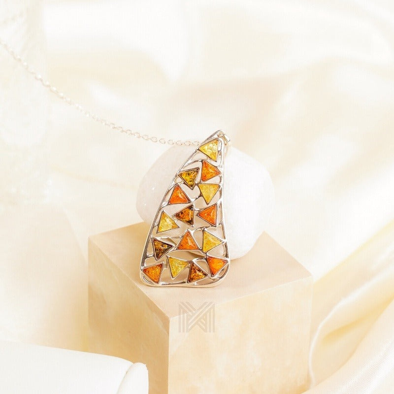 MILLENNE Multifaceted Baltic Amber Mulitple Studded Triangular Silver Pendant with 925 Sterling Silver