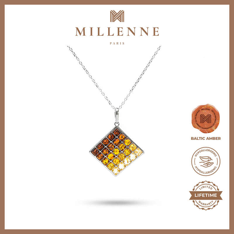 MILLENNE Multifaceted Baltic Amber Square Ombré Silver Pendant with 925 Sterling Silver