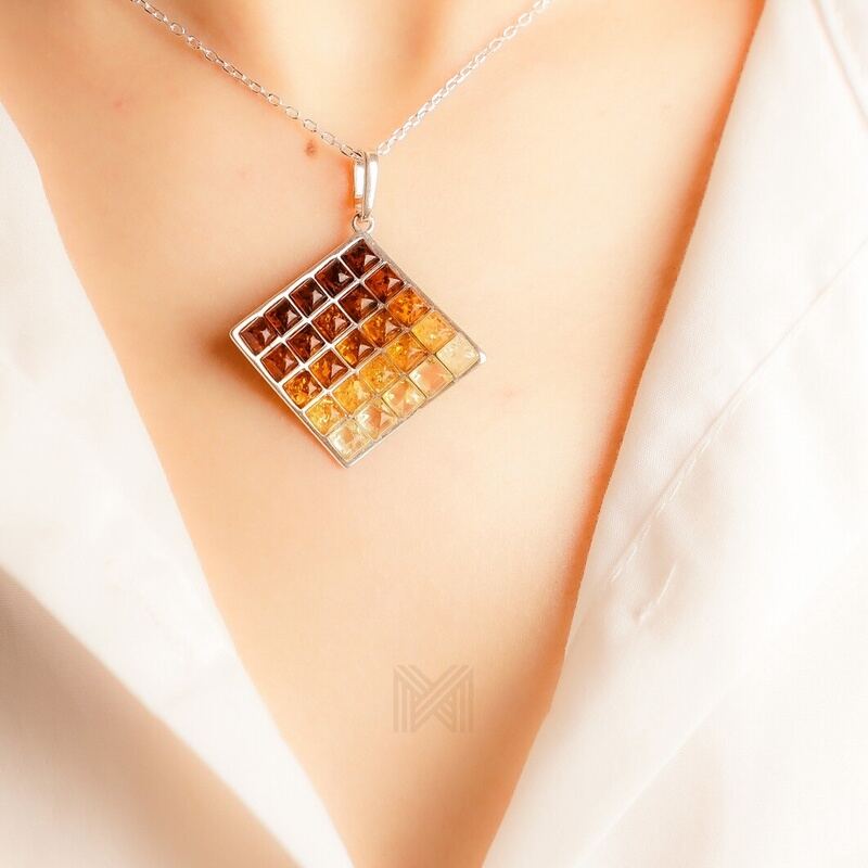 MILLENNE Multifaceted Baltic Amber Square Ombré Silver Pendant with 925 Sterling Silver