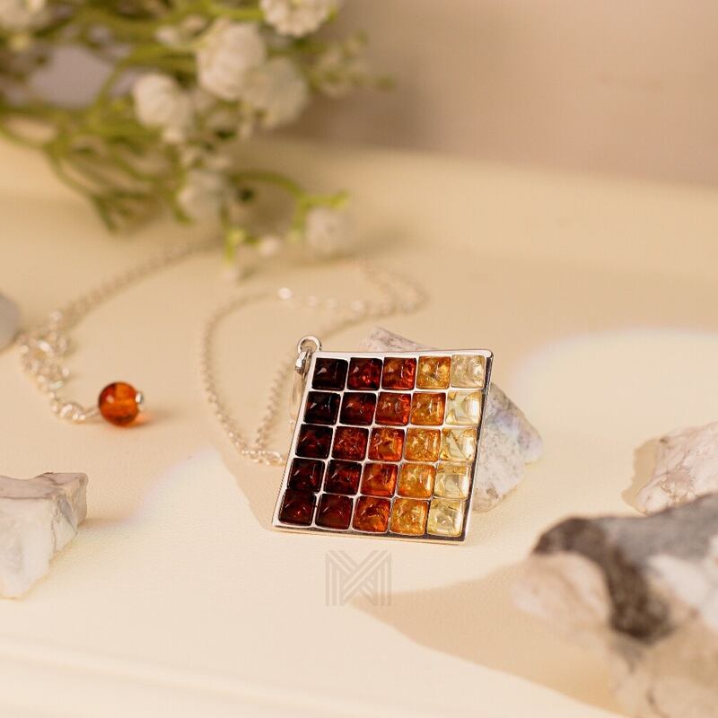 MILLENNE Multifaceted Baltic Amber Square Ombré Silver Pendant with 925 Sterling Silver