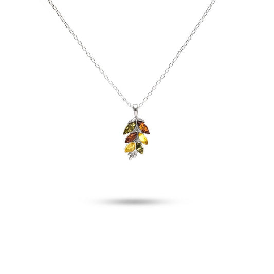 MILLENNE Multifaceted Baltic Amber Graduated Leaf Silver Pendant with 925 Sterling Silver