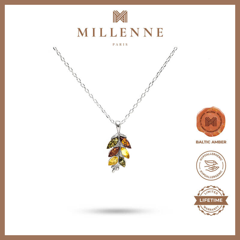 MILLENNE Multifaceted Baltic Amber Graduated Leaf Silver Pendant with 925 Sterling Silver