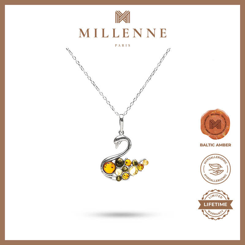 MILLENNE Multifaceted Baltic Amber Swan Lake Silver Pendant with 925 Sterling Silver