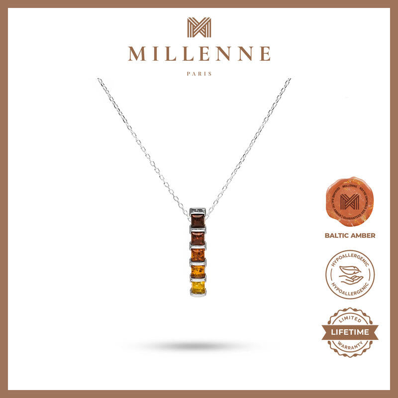 MILLENNE Multifaceted Baltic Amber Bamboo Silver Pendant with 925 Sterling Silver