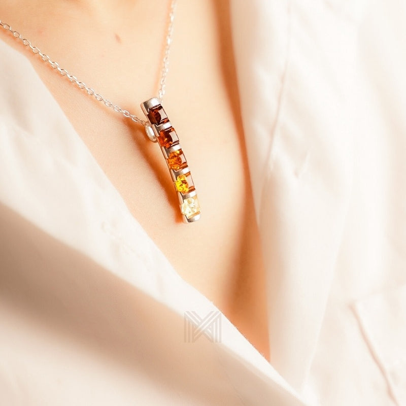 MILLENNE Multifaceted Baltic Amber Bamboo Silver Pendant with 925 Sterling Silver