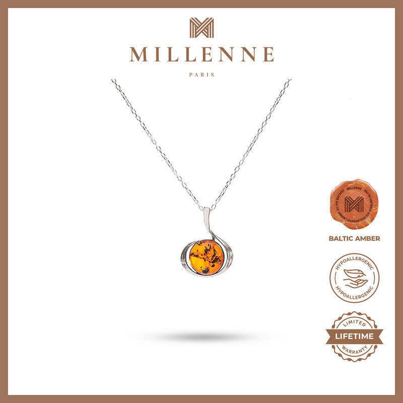 MILLENNE Multifaceted Baltic Amber Globe Disc Silver Pendant with 925 Sterling Silver