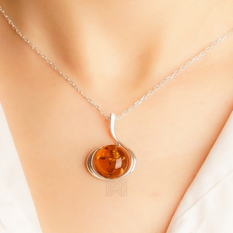 MILLENNE Multifaceted Baltic Amber Globe Disc Silver Pendant with 925 Sterling Silver