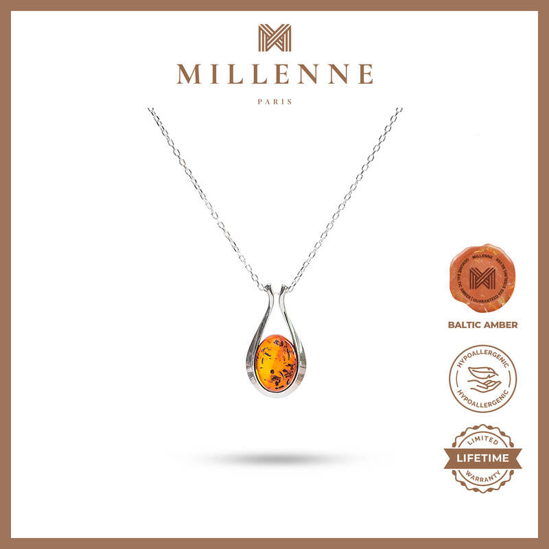 MILLENNE Multifaceted Baltic Amber Dew Drop Silver Pendant with 925 Sterling Silver