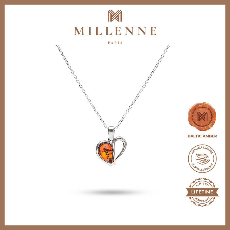 MILLENNE Multifaceted Baltic Amber Half and Half Heart Silver Pendant with 925 Sterling Silver