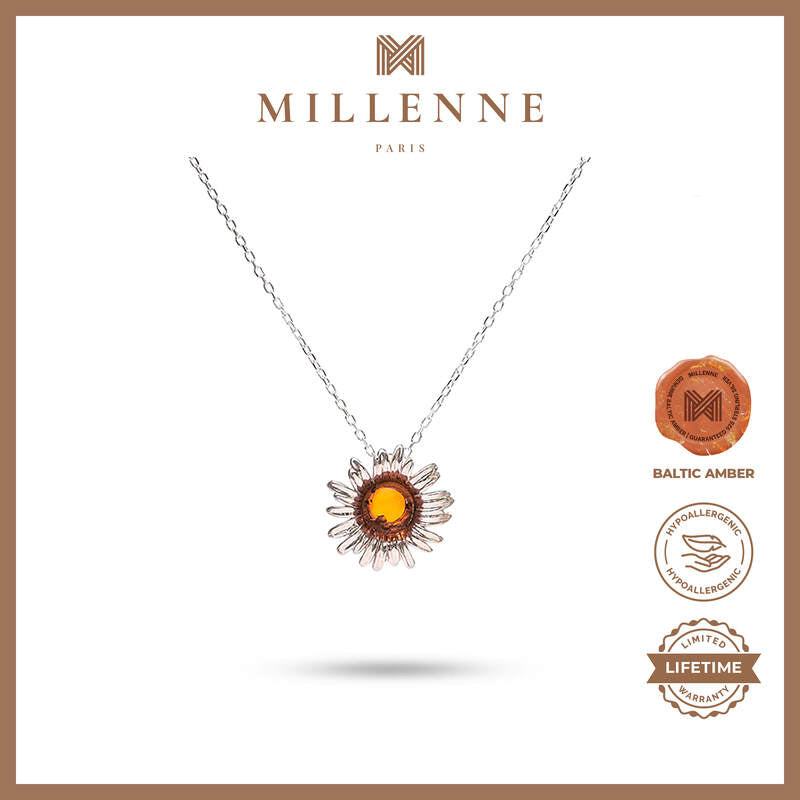 MILLENNE Multifaceted Baltic Amber Daisy Silver Pendant with 925 Sterling Silver