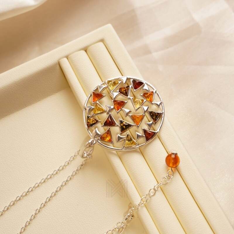 MILLENNE Multifaceted Baltic Amber Spheroid Silver Pendant with 925 Sterling Silver