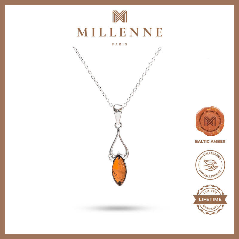MILLENNE Multifaceted Baltic Amber Heart On Your Leaf Silver Pendant with 925 Sterling Silver