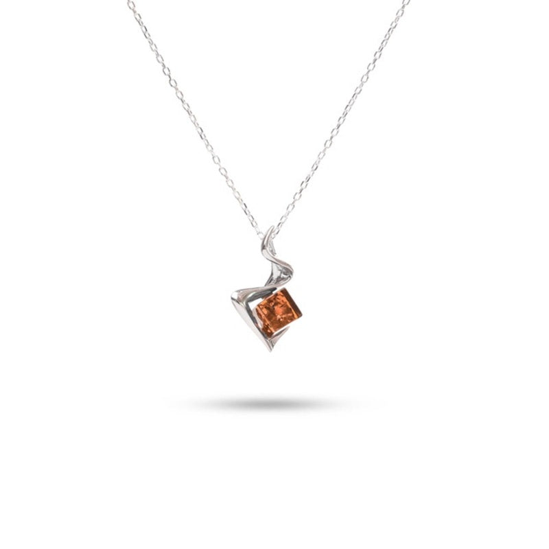 MILLENNE Multifaceted Baltic Amber Cube Silver Pendant with 925 Sterling Silver