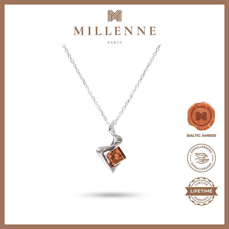 MILLENNE Multifaceted Baltic Amber Cube Silver Pendant with 925 Sterling Silver