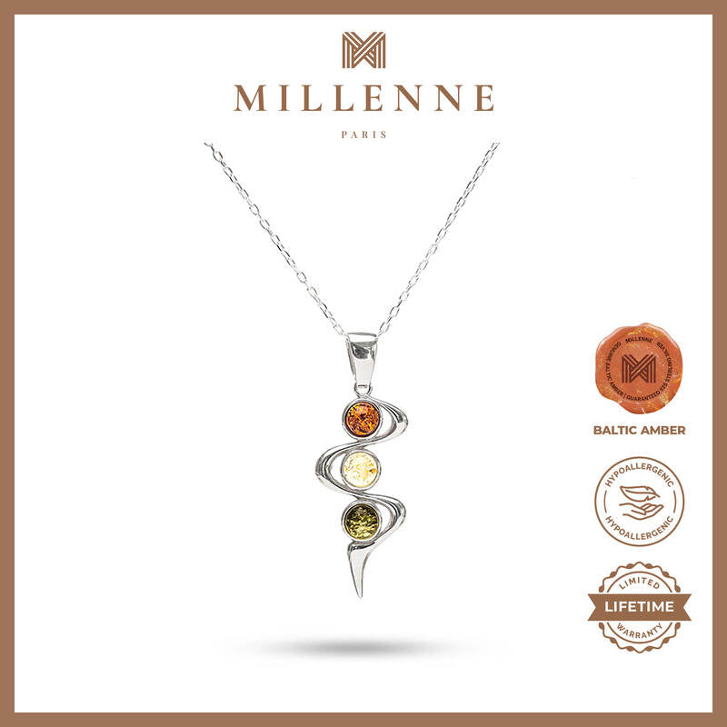 MILLENNE Multifaceted Baltic Amber Ribbon Silver Pendant with 925 Sterling Silver