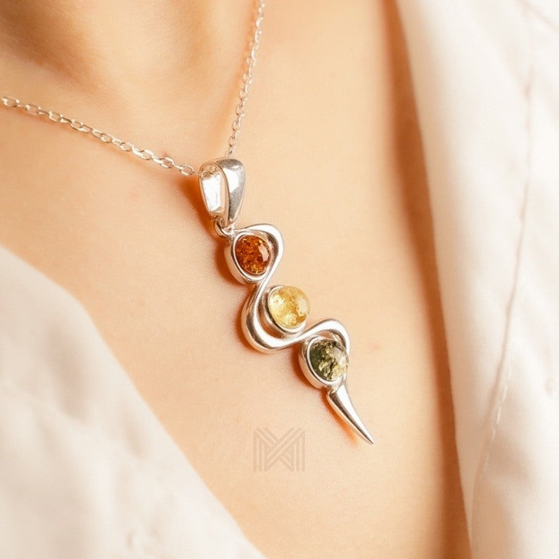 MILLENNE Multifaceted Baltic Amber Ribbon Silver Pendant with 925 Sterling Silver