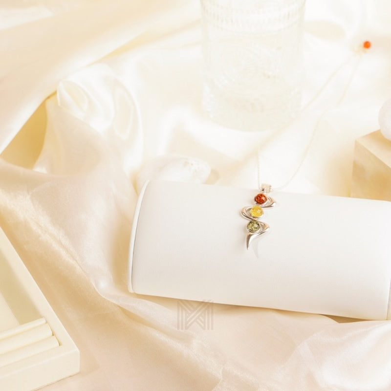 MILLENNE Multifaceted Baltic Amber Ribbon Silver Pendant with 925 Sterling Silver