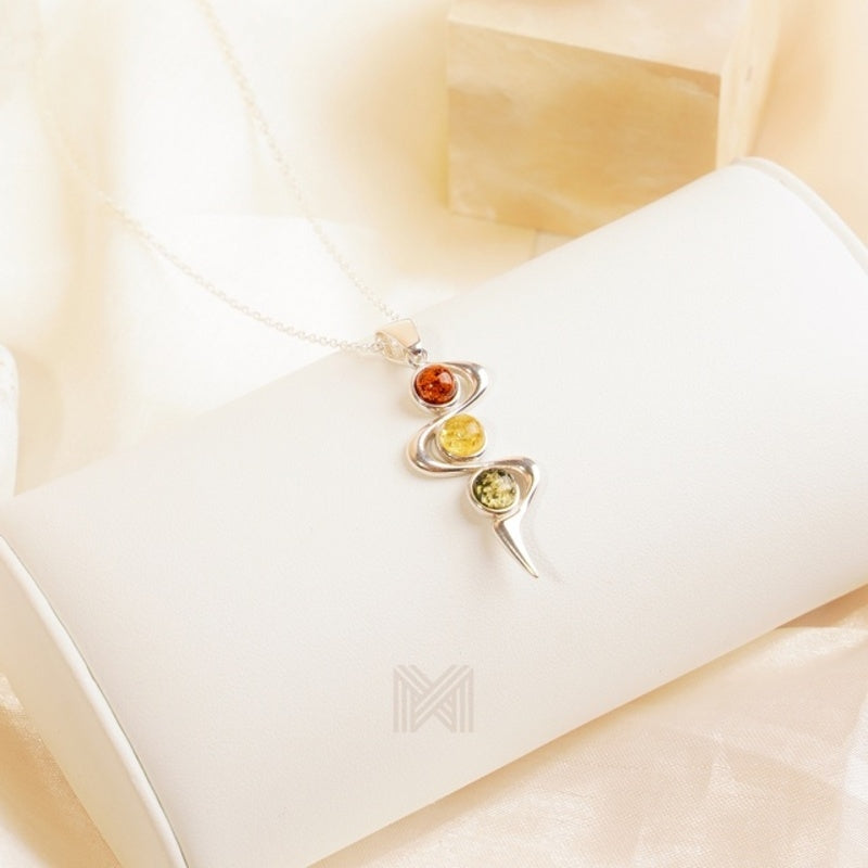 MILLENNE Multifaceted Baltic Amber Ribbon Silver Pendant with 925 Sterling Silver