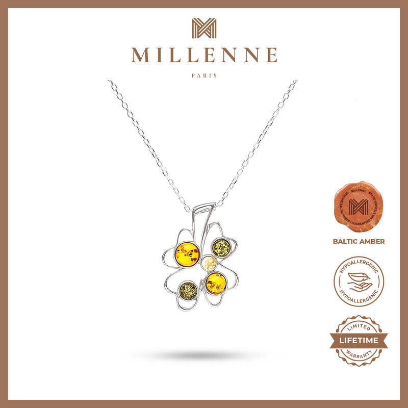MILLENNE Multifaceted Baltic Amber Multi Stone Lucky Charm Silver Pendant with 925 Sterling Silver