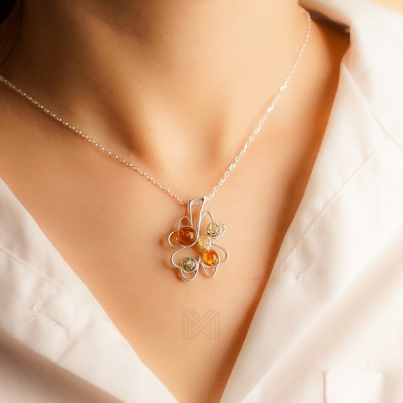 MILLENNE Multifaceted Baltic Amber Multi Stone Lucky Charm Silver Pendant with 925 Sterling Silver