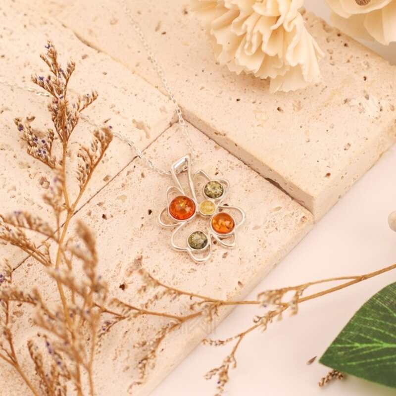 MILLENNE Multifaceted Baltic Amber Multi Stone Lucky Charm Silver Pendant with 925 Sterling Silver