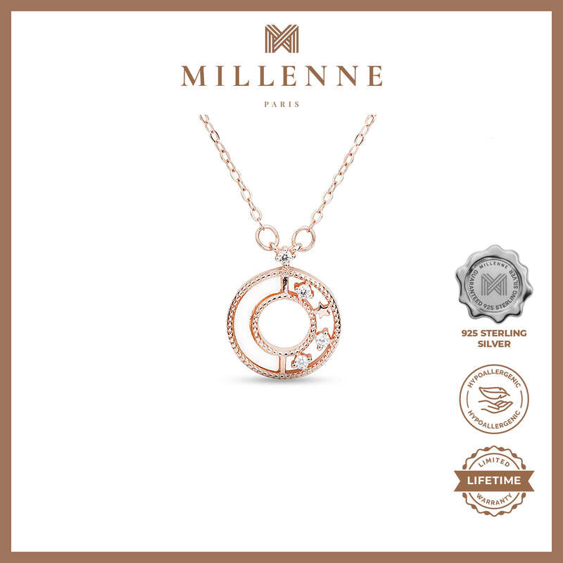 MILLENNE Made For The Night Decorated Circle Cubic Zirconia Rose Gold Necklace with 925 Sterling Silver