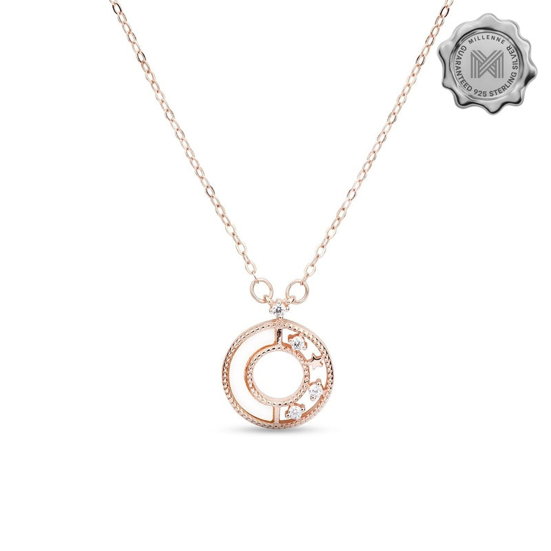 MILLENNE Made For The Night Decorated Circle Cubic Zirconia Rose Gold Necklace with 925 Sterling Silver
