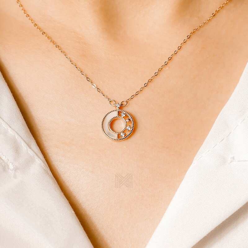 MILLENNE Made For The Night Decorated Circle Cubic Zirconia Rose Gold Necklace with 925 Sterling Silver