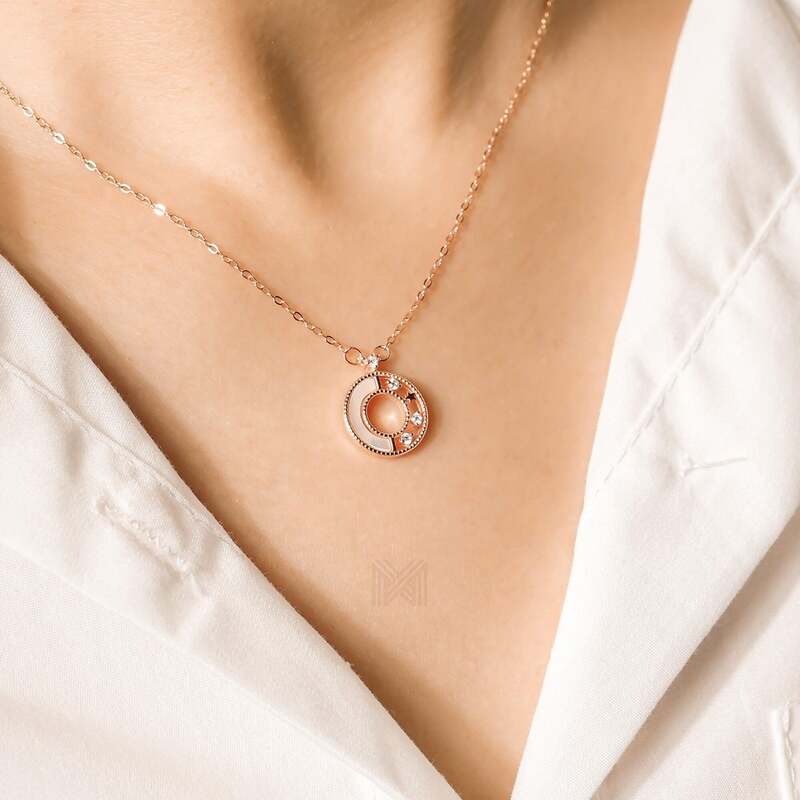 MILLENNE Made For The Night Decorated Circle Cubic Zirconia Rose Gold Necklace with 925 Sterling Silver