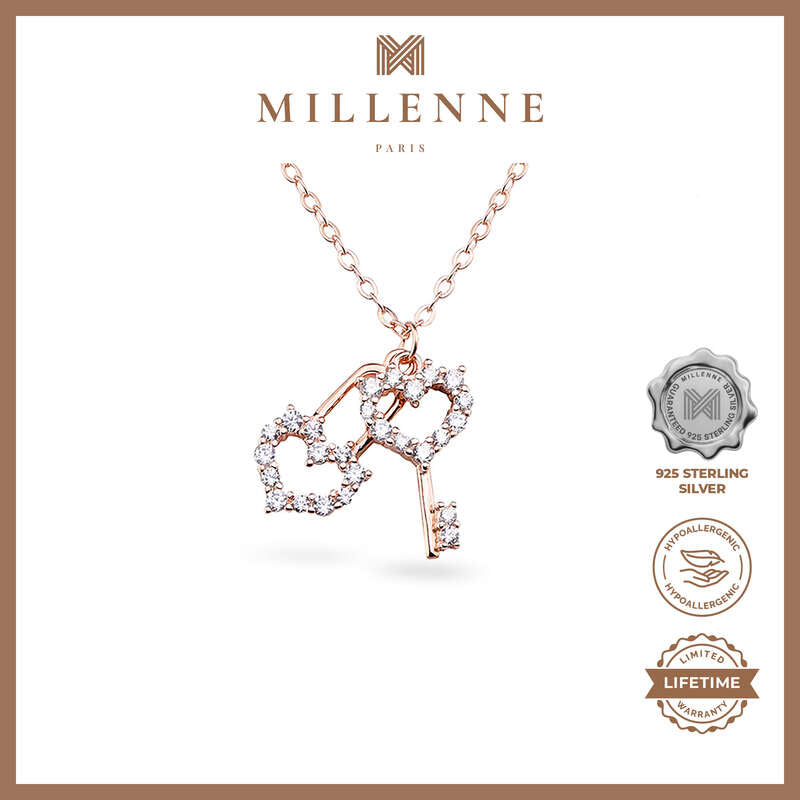 MILLENNE Millennia 2000 Key to my Heart Cubic Zirconia Rose Gold Necklace with 925 Sterling Silver