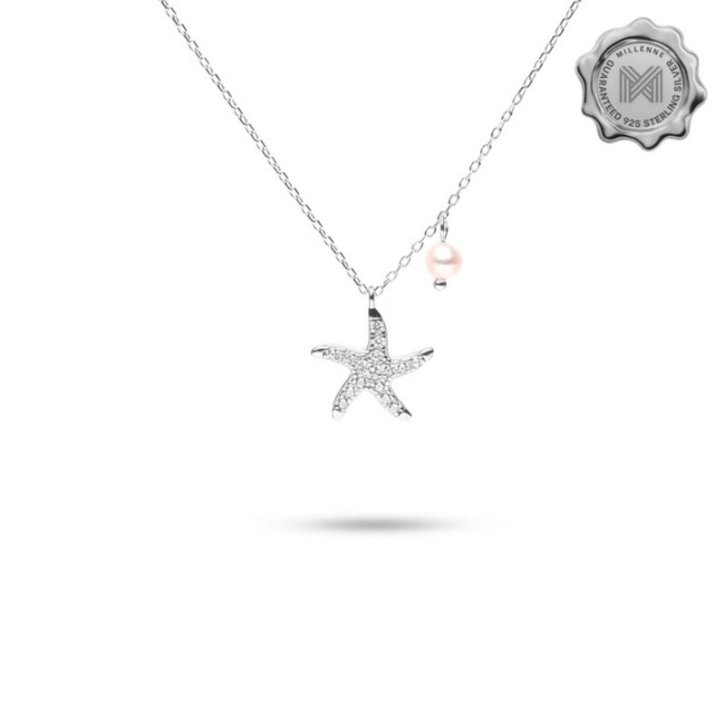 MILLENNE Millennia 2000 Starfish and Pearl Cubic Zirconia Rhodium Necklace with 925 Sterling Silver
