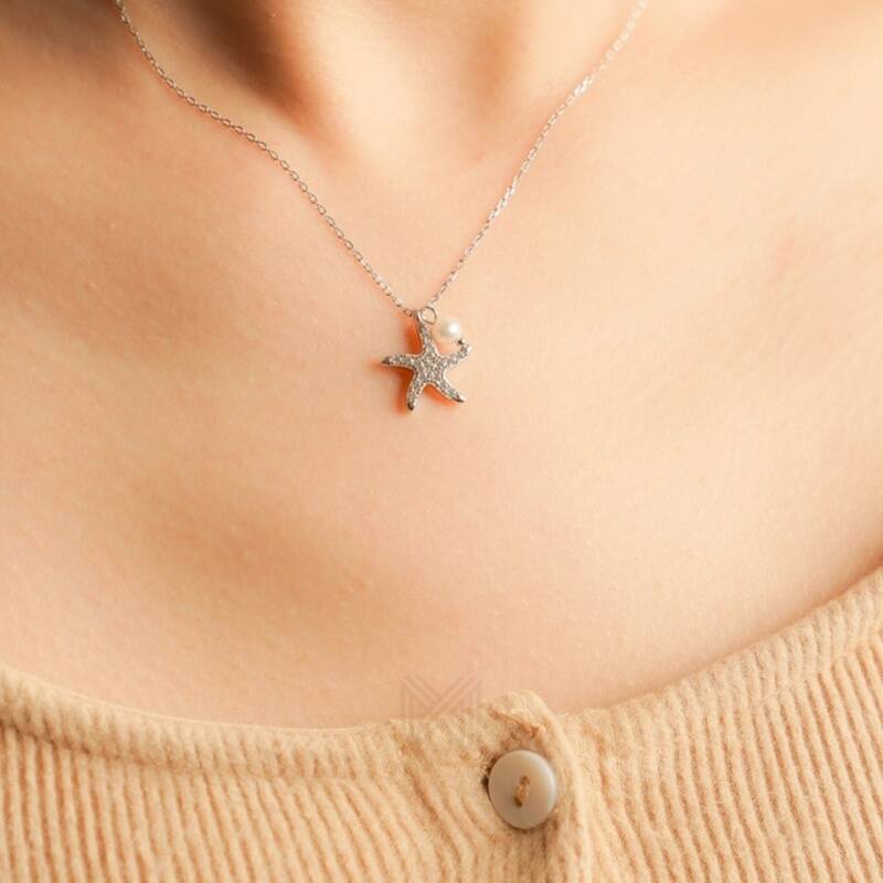 MILLENNE Millennia 2000 Starfish and Pearl Cubic Zirconia Rhodium Necklace with 925 Sterling Silver