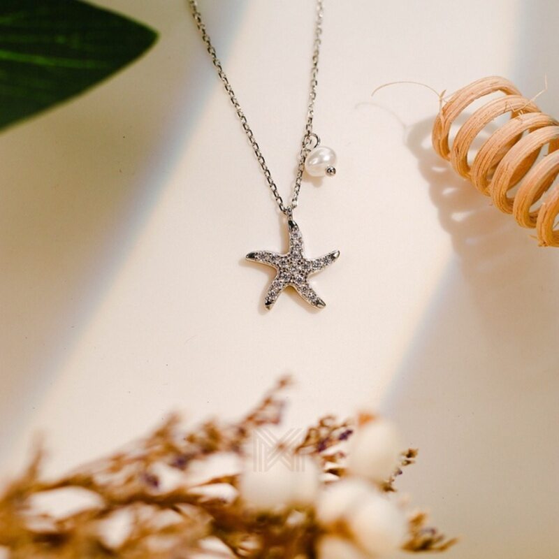 MILLENNE Millennia 2000 Starfish and Pearl Cubic Zirconia Rhodium Necklace with 925 Sterling Silver