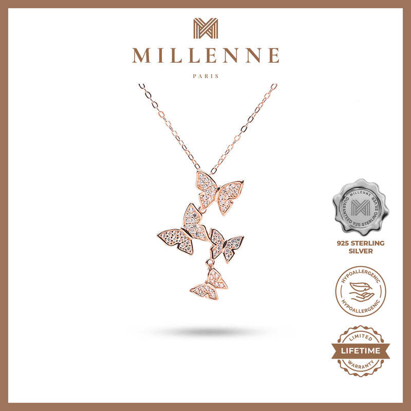 MILLENNE Millennia 2000 Fluttering Butterflies Cubic Zirconia Rose Gold Necklace with 925 Sterling Silver