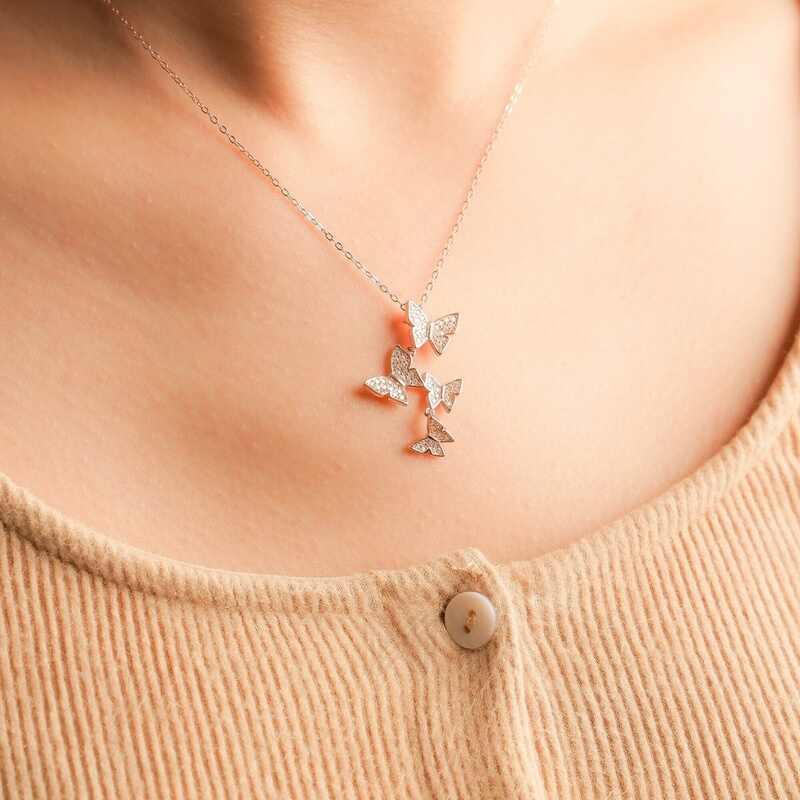 MILLENNE Millennia 2000 Fluttering Butterflies Cubic Zirconia Rose Gold Necklace with 925 Sterling Silver