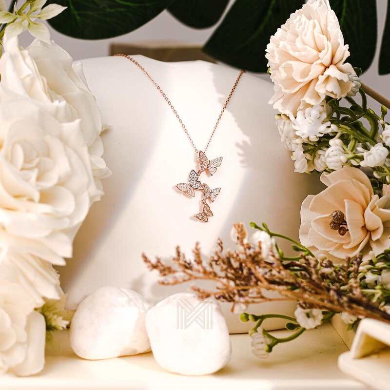 MILLENNE Millennia 2000 Fluttering Butterflies Cubic Zirconia Rose Gold Necklace with 925 Sterling Silver