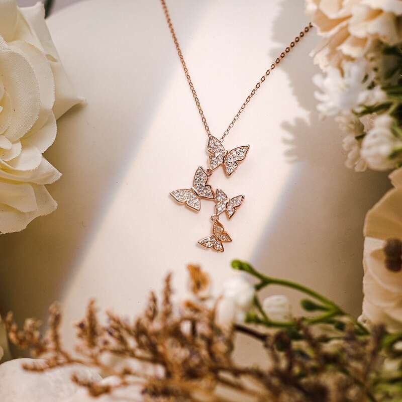 MILLENNE Millennia 2000 Fluttering Butterflies Cubic Zirconia Rose Gold Necklace with 925 Sterling Silver