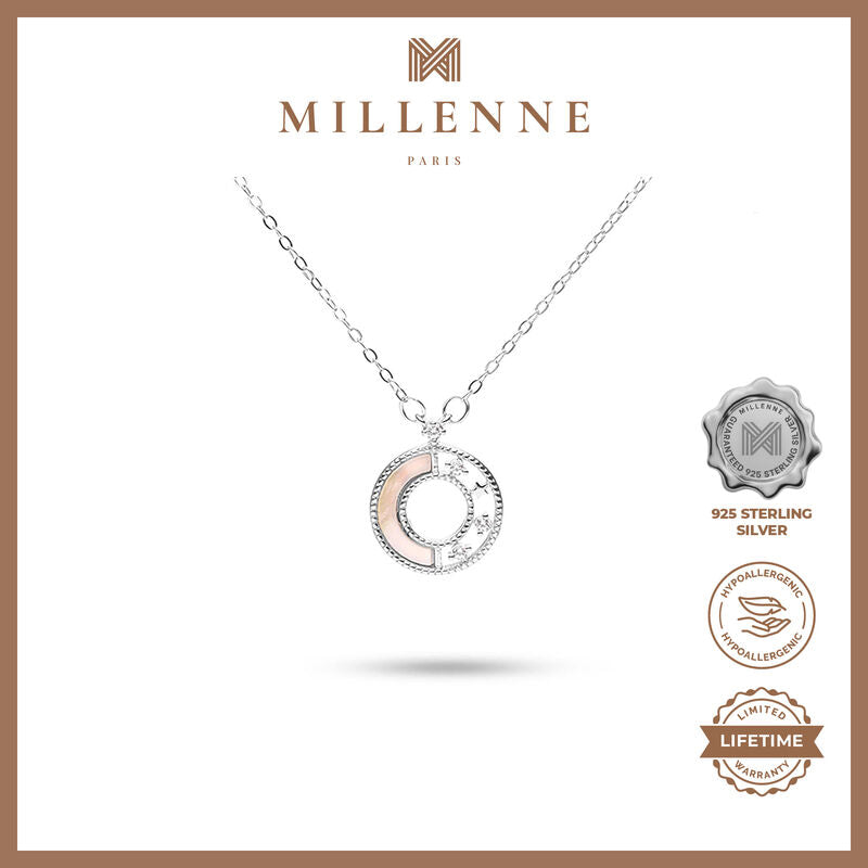 MILLENNE Made For The Night Decorated Circle Cubic Zirconia Rhodium Necklace with 925 Sterling Silver