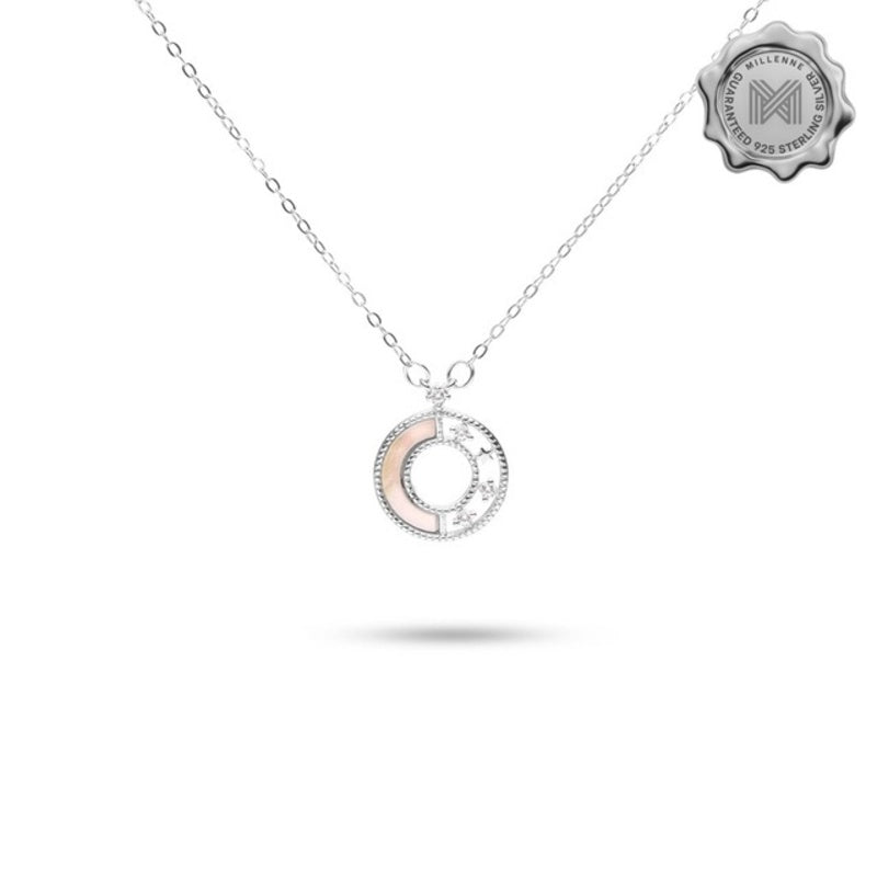 MILLENNE Made For The Night Decorated Circle Cubic Zirconia Rhodium Necklace with 925 Sterling Silver
