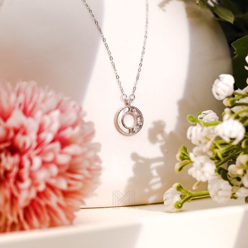 MILLENNE Made For The Night Decorated Circle Cubic Zirconia Rhodium Necklace with 925 Sterling Silver