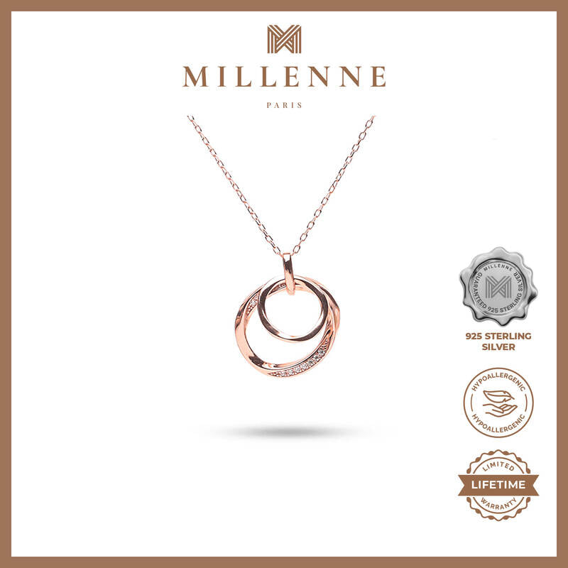 MILLENNE Made For The Night Layered Circles Cubic Zirconia Rose Gold Necklace with 925 Sterling Silver