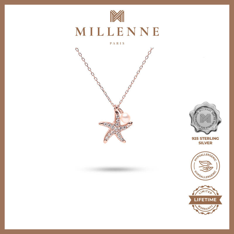 MILLENNE Millennia 2000 Starfish and Pearl Cubic Zirconia Rose Gold Necklace with 925 Sterling Silver