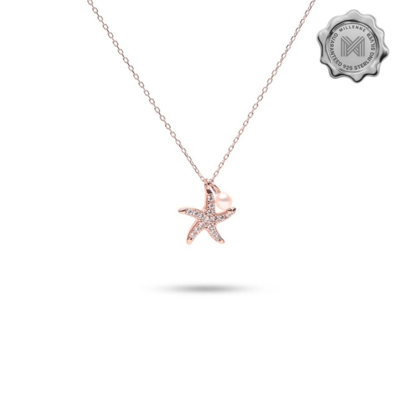 MILLENNE Millennia 2000 Starfish and Pearl Cubic Zirconia Rose Gold Necklace with 925 Sterling Silver
