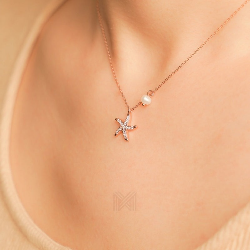 MILLENNE Millennia 2000 Starfish and Pearl Cubic Zirconia Rose Gold Necklace with 925 Sterling Silver