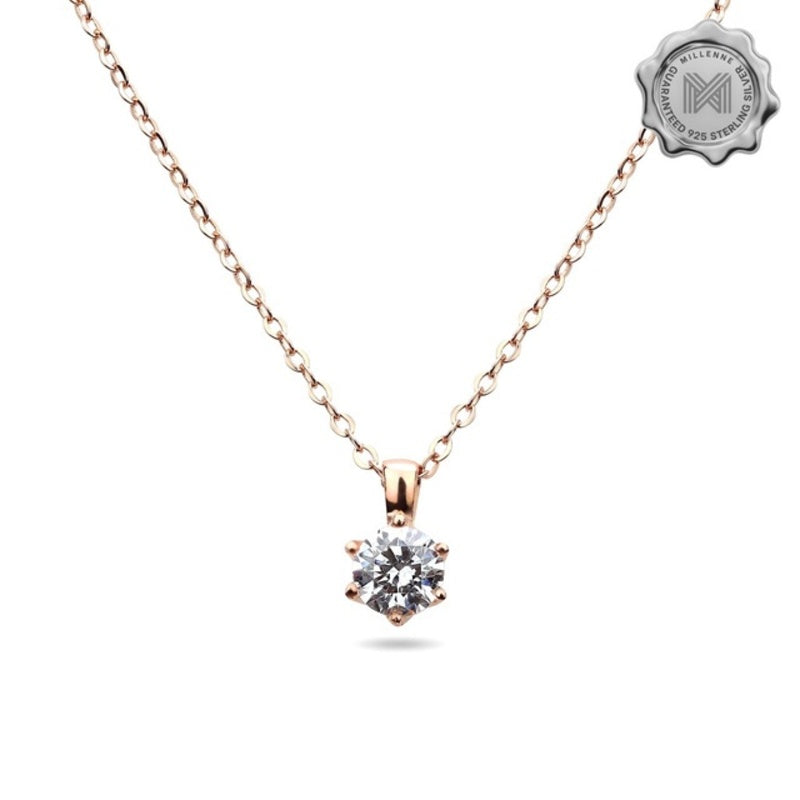 MILLENNE Made For The Night Solitare Cubic Zirconia Rose Gold Necklace with 925 Sterling Silver
