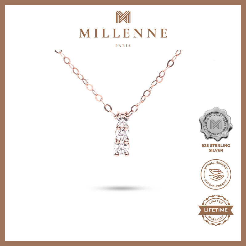 MILLENNE Made For The Night Triple Diamond Cubic Zirconia Rose Gold Necklace with 925 Sterling Silver