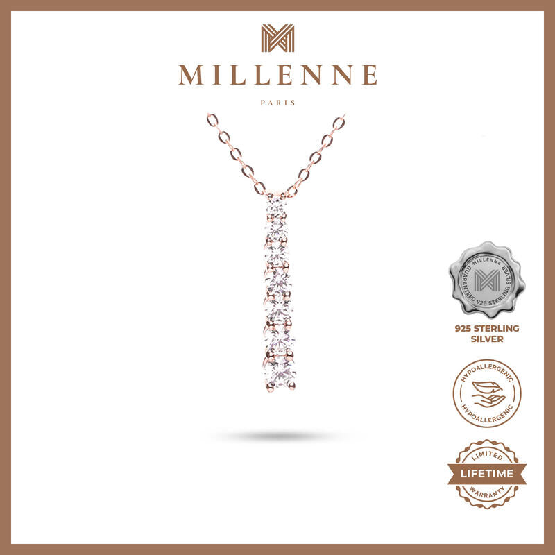 MILLENNE Made For The Night Graduated Diamond Bar Cubic Zirconia Rose Gold Necklace with 925 Sterling Silver