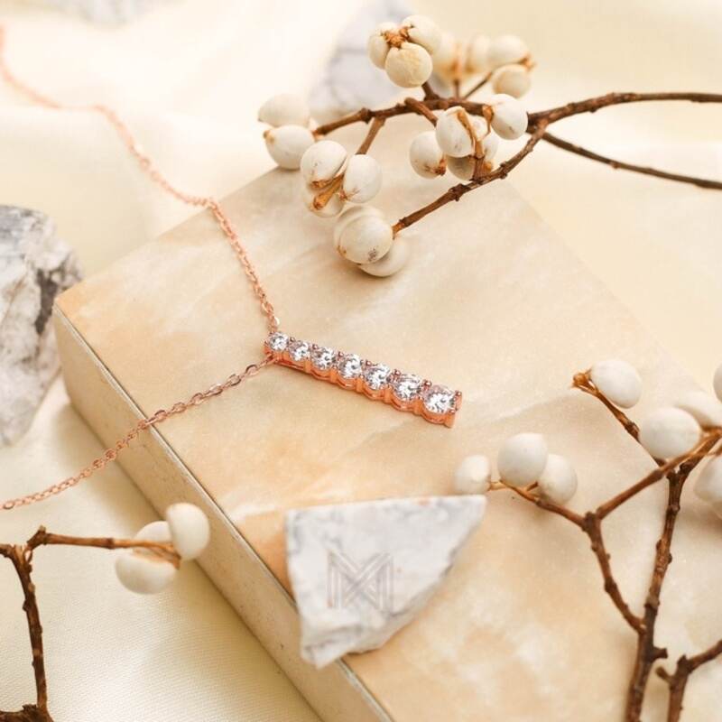 MILLENNE Made For The Night Graduated Diamond Bar Cubic Zirconia Rose Gold Necklace with 925 Sterling Silver